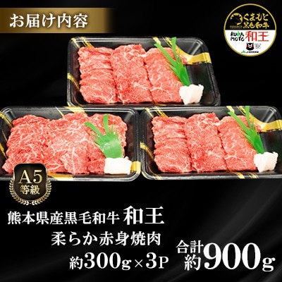 熊本県産A5等級黒毛和牛和王 柔らか赤身焼肉 約300g×3P 計約900g(合志市)