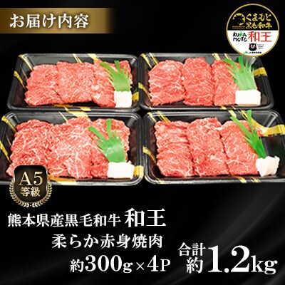 熊本県産A5等級黒毛和牛和王 柔らか赤身焼肉 約300g×4P 計約1.2kg(合志市)