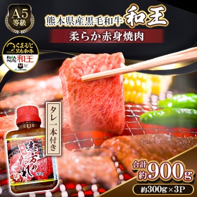 熊本県産A5等級黒毛和牛和王 柔らか赤身焼肉 約300g×3P 計約900g タレ1本付(合志市)