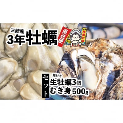 むき身牡蠣 500g+殻付き牡蠣 Mサイズ3個 セット 【 横綱牡蠣の吉田水産 】 かき カキ 三陸