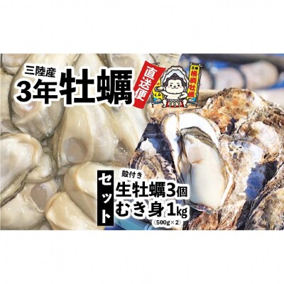 むき身牡蠣 1kg(500g×2p)+殻付き牡蠣 Lサイズ3個 セット 【 横綱牡蠣の吉田水産 】