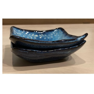 【陶器】いっちん草模様　角底角皿　月白　2点セット