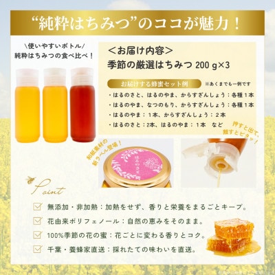 千葉県産「厳選純粋はちみつ」200gボトル×3本【ランダムにセレクト】