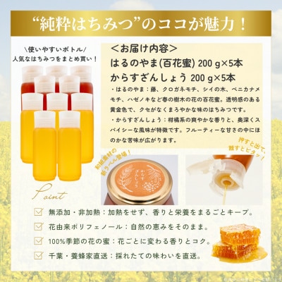 千葉県産はちみつ2kg【200g×2種食べ比べセット】はるのやま・からすざんしょう×各5本ずつ
