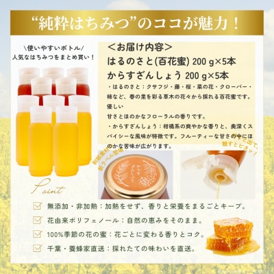 千葉県産はちみつ2kg【200g×2種食べ比べセット】はるのさと・からすざんしょう×各5本ずつ