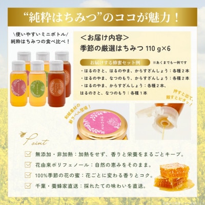 千葉県産「厳選純粋はちみつ」110gボトル×6本【ランダムにセレクト】