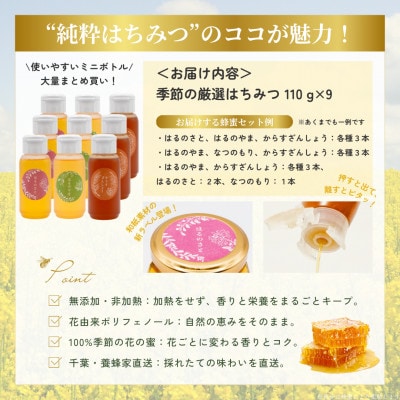 千葉県産「厳選純粋はちみつ」110gボトル×9本【ランダムにセレクト】