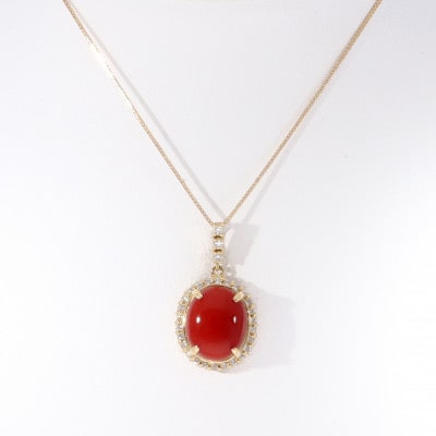 K18イエローゴールド 血赤 珊瑚 オーバル ダイヤ ネックレス【TK-14511】