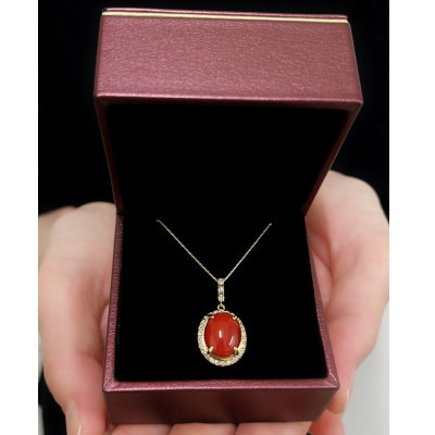 K18イエローゴールド 血赤 珊瑚 オーバル ダイヤ ネックレス【TK-14511】