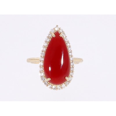 K18イエローゴールド 血赤 珊瑚 ペアシェイプ しずく ダイヤ リング 11号【RK-9905】