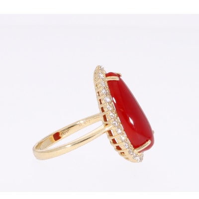 K18イエローゴールド 血赤 珊瑚 ペアシェイプ しずく ダイヤ リング 11号【RK-9905】