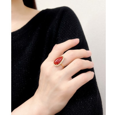 K18イエローゴールド 血赤 珊瑚 ペアシェイプ しずく ダイヤ リング 11号【RK-9905】