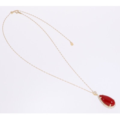K18イエローゴールド 血赤 珊瑚 ペアシェイプ しずく ダイヤ ネックレス【TK-14178】