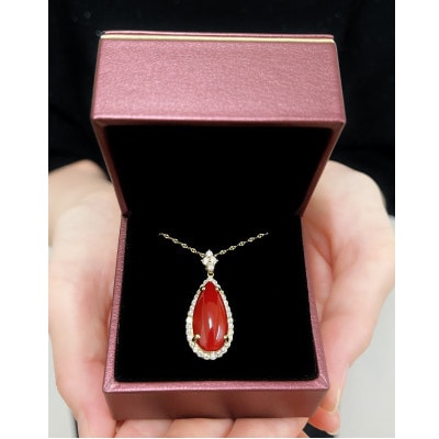 K18イエローゴールド 血赤 珊瑚 ペアシェイプ しずく ダイヤ ネックレス【TK-14178】
