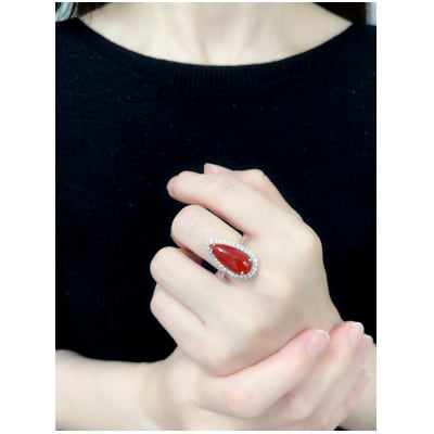 Pt900 プラチナ 血赤 珊瑚 ペアシェイプ　しずく ダイヤ リング　11号【RP-9906】