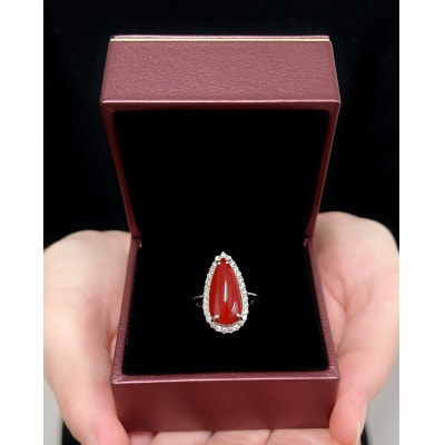 Pt900 プラチナ 血赤 珊瑚 ペアシェイプ　しずく ダイヤ リング　11号【RP-9906】