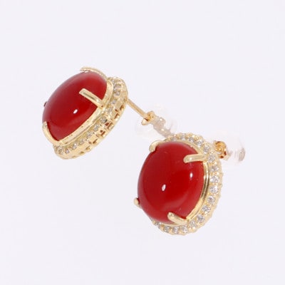 K18イエローゴールド 血赤 珊瑚 オーバル ダイヤ ピアス【PE-3125】