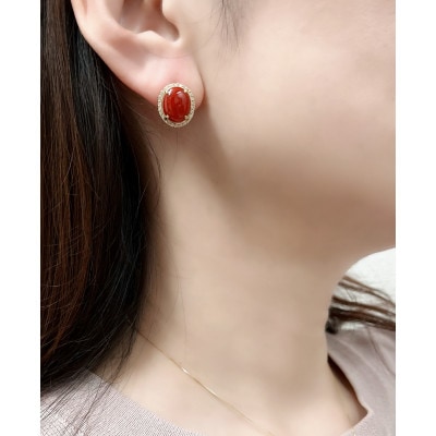 K18イエローゴールド 血赤 珊瑚 オーバル ダイヤ ピアス【PE-3125】
