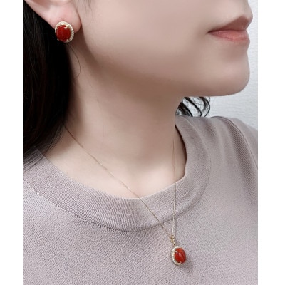 K18イエローゴールド 血赤 珊瑚 オーバル ダイヤ ピアス【PE-3125】