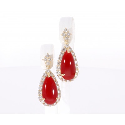 K18イエローゴールド 血赤 珊瑚 ペアシェイプ しずく ダイヤ ピアス【PE-3298】