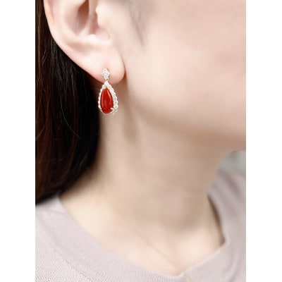 K18イエローゴールド 血赤 珊瑚 ペアシェイプ しずく ダイヤ ピアス【PE-3298】