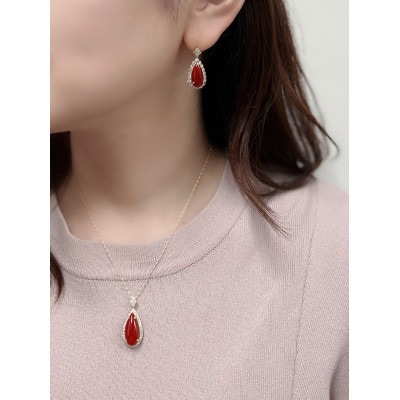 K18イエローゴールド 血赤 珊瑚 ペアシェイプ しずく ダイヤ ピアス【PE-3298】