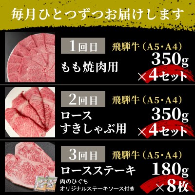 全6回 飛騨牛 8人前 定期便 計8.44kg すき焼き しゃぶしゃぶ ステーキ 焼肉 肉のひぐち