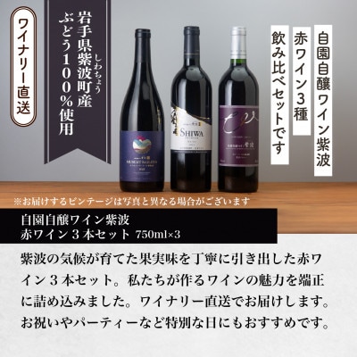 自園自醸ワイン紫波 赤ワイン3本セット【マスカットベーリーA樽熟成・プレミアムメルロー・メルロー】