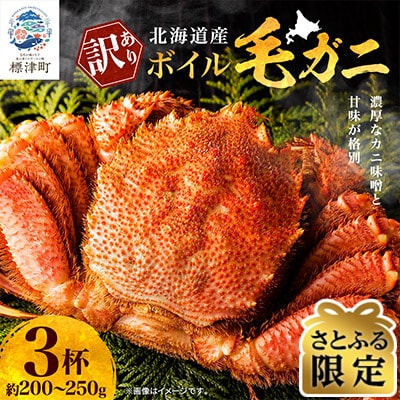 【さとふる限定】北海道産ボイル毛ガニ(若)　200-250g×3杯