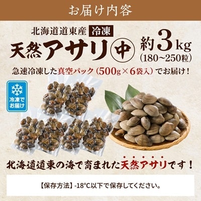 北海道道東産アサリ中(冷凍) 約3kg(180～250粒) 天然 無添加 あさり 中