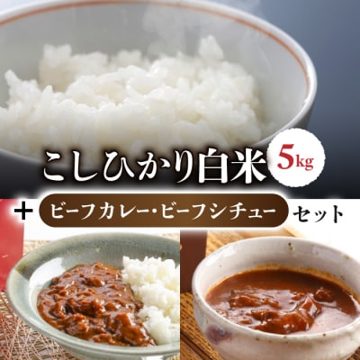 【里山JAPAN】御牧原米こしひかり 白米(八分搗き)5kgと小田切牧場ビーフカレー、ビーフシチュー