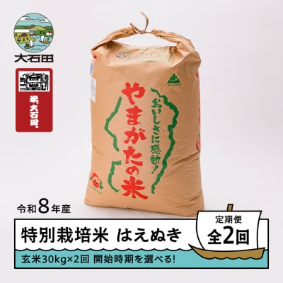 【先行予約】 【2回定期便】 新米 米 はえぬき 30kg 玄米 令和8年産 12月・3月発送