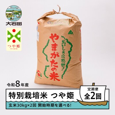 【先行予約】 【2回定期便】 新米 米 つや姫 30kg 玄米 令和8年産 1月・4月発送