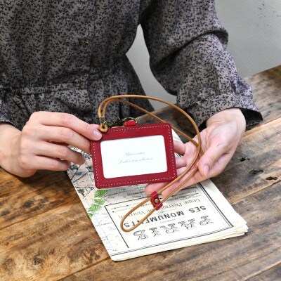 本革IDカードケース横型&ネックストラップ【ルージュ(赤色)】
