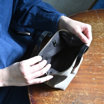 帆布ミニポーチ サンドベージュ×選べる本革持ち手6色【ノワール(黒色)】