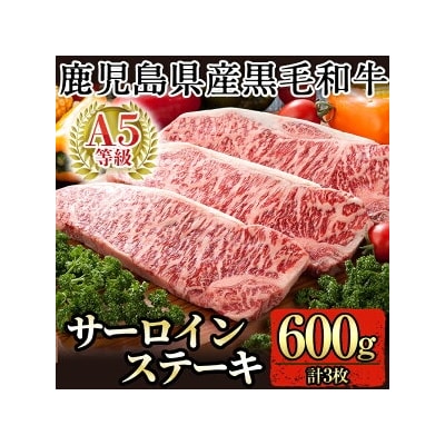 鹿児島県産黒毛和牛サーロインステーキ3枚 計600g(A-5等級)【九面屋】C-079