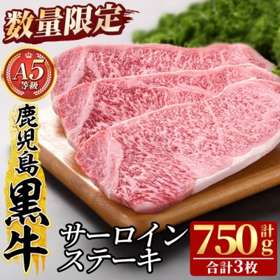 <数量限定!>鹿児島黒牛サーロインステーキ3枚 計750g(A-5等級)　D-064【九面屋】