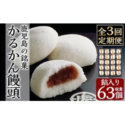  【3回定期便】鹿児島の銘菓かるかん饅頭(餡入り)(計63個)【徳重製菓とらや】A-196-B