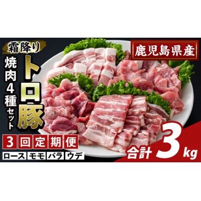 <3回定期便>霜降りトロ豚 焼肉用バラエティセット(計3kg)【ふるさと産直バザール】K-379-D