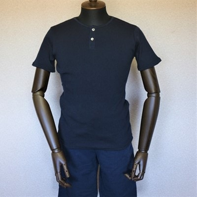 コットンリブヘンリーネック半袖Tシャツ(メンズ)ネイビー・M