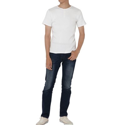 コットンリブヘンリーネック半袖Tシャツ(メンズ)ホワイト・L