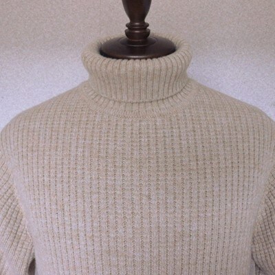 「メンズニット」ウールカシミヤコットンリブタートルネックセーター(ベージュ)XL　五泉ニット