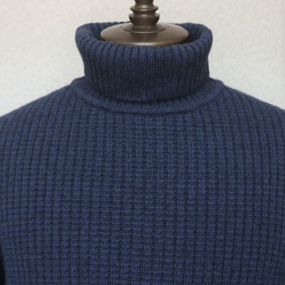「メンズニット」ウールカシミヤコットンリブタートルネックセーター(ネイビー)M　五泉ニット