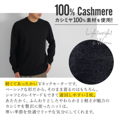 カシミヤ100%メンズVネックセーターLサイズ(ブラック)