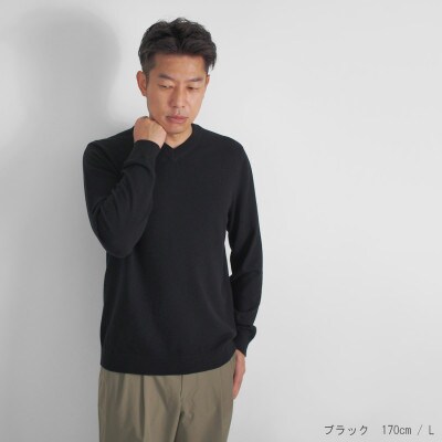 カシミヤ100%メンズVネックセーターLLサイズ(ブラック)