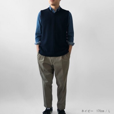 カシミヤ100%メンズVネックベストMサイズ(ネイビー)