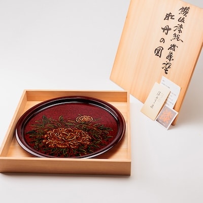 【香川漆器】36cm丸盆　掻取文ぼたん後藤塗(木箱入)