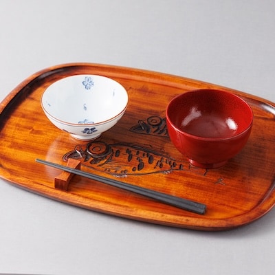 【香川漆器】42cm撫角盆　スリ漆めばる彫