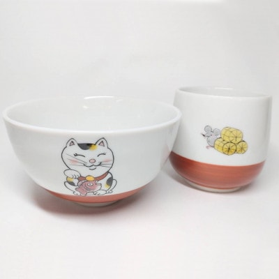 九谷焼　飯椀・湯呑セット　猫とネズミ　_26026