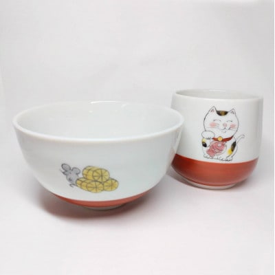 九谷焼　飯椀・湯呑セット　猫とネズミ　_26026